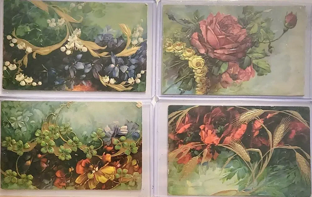 Lot Of Four Vintage Antique Embossed Postcards Flowers